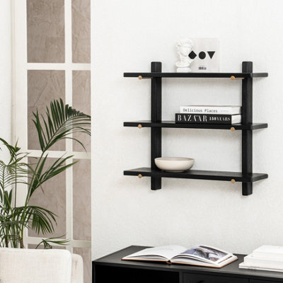 MH London Oliver Solid Wood Wall Shelf Living Bedroom Kitchen Wall Mounted Tired Shelves In Black - image 1