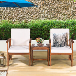 Costway 3-Piece Outdoor Acacia Wood Sofa Set Patio Conversation Set With Cushions-White - thumbnail 8
