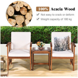 Costway 3-Piece Outdoor Acacia Wood Sofa Set Patio Conversation Set With Cushions-White - thumbnail 7