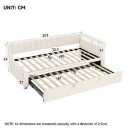 Abrihome 3Ft Single Velvet Daybed, Sofa Bed With Rgb Led Lights, Upholstered Sofa Bed With Trundle For Living Room, Beige (No Mattress) - thumbnail 7