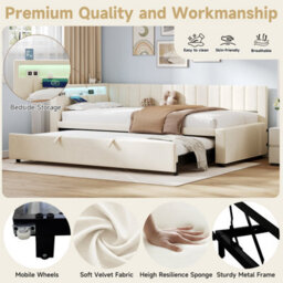 Abrihome 3Ft Single Velvet Daybed, Sofa Bed With Rgb Led Lights, Upholstered Sofa Bed With Trundle For Living Room, Beige (No Mattress) - thumbnail 3