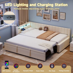 Abrihome 3Ft Single Velvet Daybed, Sofa Bed With Rgb Led Lights, Upholstered Sofa Bed With Trundle For Living Room, Beige (No Mattress) - thumbnail 4