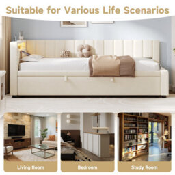 Abrihome 3Ft Single Velvet Daybed, Sofa Bed With Rgb Led Lights, Upholstered Sofa Bed With Trundle For Living Room, Beige (No Mattress) - thumbnail 5