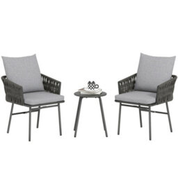Outsunny Rattan Bistro Set, Balcony Table And Chairs With 4 Cushions, Grey - thumbnail 2