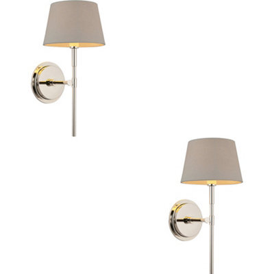 Loops 2 Pack Indoor Bright Nickel Plate Wall Light - Grey Linen Mix Fabric Shade - Dimmable 6W Led E14 - image 1