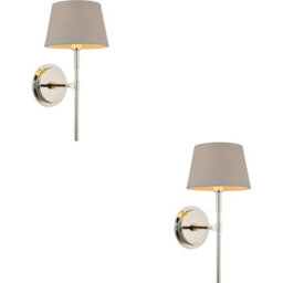 Loops 2 Pack Indoor Bright Nickel Plate Wall Light - Grey Linen Mix Fabric Shade - Dimmable 6W Led E14