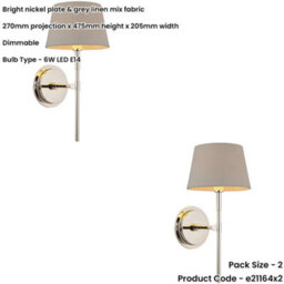 Loops 2 Pack Indoor Bright Nickel Plate Wall Light - Grey Linen Mix Fabric Shade - Dimmable 6W Led E14 - thumbnail 2