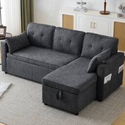 Btm Convertible Sofa Bed Storage Chaise L Shaped Sleeper Sofa Cup Holders Pillows Grey Daybed - thumbnail 2