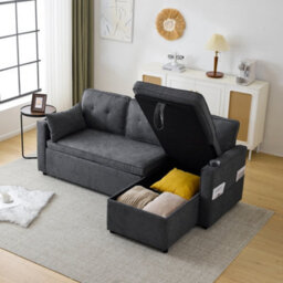 Btm Convertible Sofa Bed Storage Chaise L Shaped Sleeper Sofa Cup Holders Pillows Grey Daybed - thumbnail 5