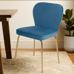 Orsina Blue Velvet Tapered Back Dining Chair, Sleek Curves Velvet Upholstery Dining Room Chair, Gold Finish Legs - thumbnail 1