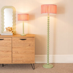 Valuelights Bobbins Sage Green Floor Lamp With Ruched Pleated Blush Pink Drum Shade And Led Bulb - thumbnail 3