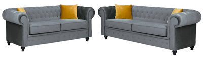 Hilton Chesterfield Style Sofa Grey French Velvet Fabric 3+2 Seater Set (3+2 Seater) - image 1