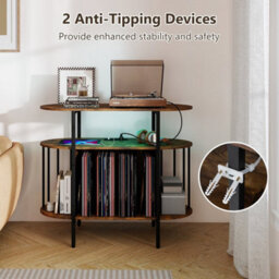 Brown Large Record Player Stand Turntable Stand With Led Lights And Charging Station - thumbnail 4