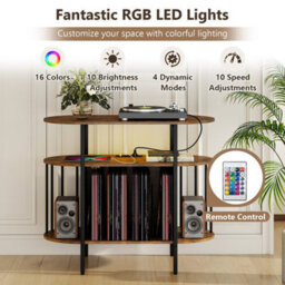 Brown Large Record Player Stand Turntable Stand With Led Lights And Charging Station - thumbnail 5