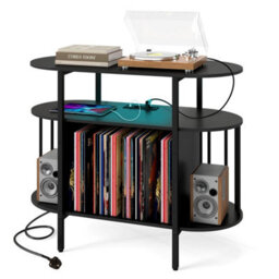 Brown Large Record Player Stand Turntable Stand With Led Lights And Charging Station - thumbnail 3