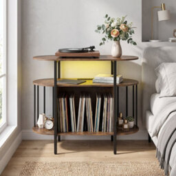 Brown Large Record Player Stand Turntable Stand With Led Lights And Charging Station - thumbnail 6