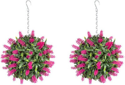 Pair Of Best Artificial 24Cm Pink Lush Lavender Hanging Basket Flower Topiary Ball - Weather & Fade Resistant - image 1