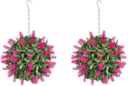 Pair Of Best Artificial 24Cm Pink Lush Lavender Hanging Basket Flower Topiary Ball - Weather & Fade Resistant