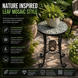 Shatchi Leaf Mosaic Plant Stand Side Table With Ceramic Tile Top For Indoor And Outdoor Display - thumbnail 7