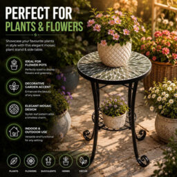Shatchi Leaf Mosaic Plant Stand Side Table With Ceramic Tile Top For Indoor And Outdoor Display - thumbnail 4