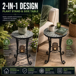Shatchi Leaf Mosaic Plant Stand Side Table With Ceramic Tile Top For Indoor And Outdoor Display - thumbnail 2