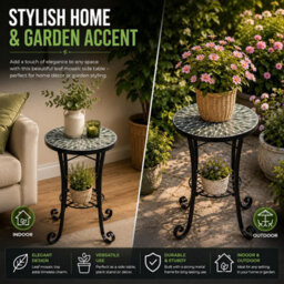 Shatchi Leaf Mosaic Plant Stand Side Table With Ceramic Tile Top For Indoor And Outdoor Display - thumbnail 9