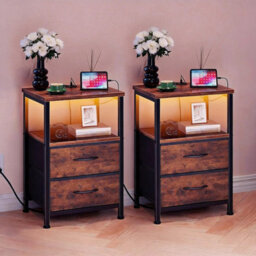 2Pcs Bedside Table With Charging Station With 2 Fabric Drawers & Led Lights - thumbnail 4