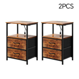 2Pcs Bedside Table With Charging Station With 2 Fabric Drawers & Led Lights - thumbnail 1