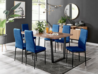 Furniturebox Kylo Brown Rectangular Wood Effect Dining Table & 6 Navy Velvet Milan Black Leg Chairs - image 1