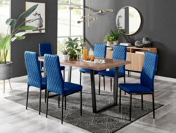 Furniturebox Kylo Brown Rectangular Wood Effect Dining Table & 6 Navy Velvet Milan Black Leg Chairs - thumbnail 1
