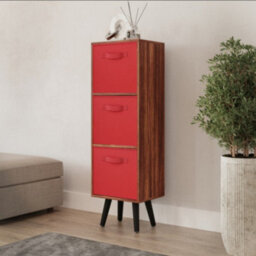 Urbn-Living Urbnliving 80Cm Height 3 Tier Teak Wooden Storage Bookcase Scandinavian Style Black Legs With Red Inserts