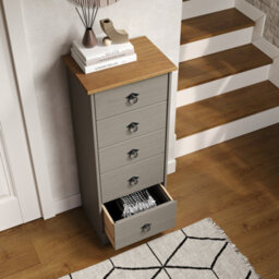 Core Products Corona Classic Pine 5 Drawer Narrow Chest Of Drawers - Grey And Antique Wax Solid Wood Storage Unit 103 X 43 X 31Cm - thumbnail 2