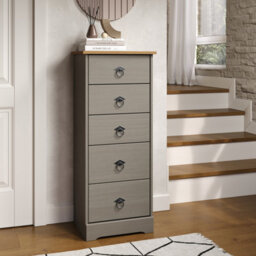 Core Products Corona Classic Pine 5 Drawer Narrow Chest Of Drawers - Grey And Antique Wax Solid Wood Storage Unit 103 X 43 X 31Cm