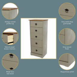 Core Products Corona Classic Pine 5 Drawer Narrow Chest Of Drawers - Grey And Antique Wax Solid Wood Storage Unit 103 X 43 X 31Cm - thumbnail 7