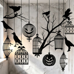 Amorly 10 Piece Black Crow Cage Garland, Glitter Raven Hanging Banner Cutouts, Gothic Halloween Wall & Backdrop Decor - thumbnail 3