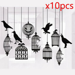 Amorly 10 Piece Black Crow Cage Garland, Glitter Raven Hanging Banner Cutouts, Gothic Halloween Wall & Backdrop Decor - thumbnail 6
