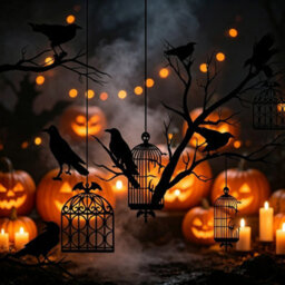 Amorly 10 Piece Black Crow Cage Garland, Glitter Raven Hanging Banner Cutouts, Gothic Halloween Wall & Backdrop Decor - thumbnail 4