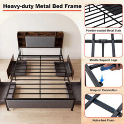 King Size Bed Frame Industrial Platform Bed W/ Led Lights & Charging Station - thumbnail 5