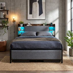 King Size Bed Frame Industrial Platform Bed W/ Led Lights & Charging Station - thumbnail 6