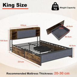 King Size Bed Frame Industrial Platform Bed W/ Led Lights & Charging Station - thumbnail 2