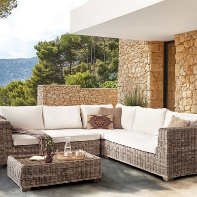 Beliani Grey 5-Seater L-Shaped Garden Sofa Set With Natural Rattan Ottoman And Mango Wood Detailing - image 1