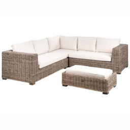 Beliani Grey 5-Seater L-Shaped Garden Sofa Set With Natural Rattan Ottoman And Mango Wood Detailing - thumbnail 4