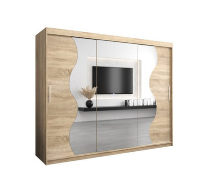 Arte Madrid Contemporary 3 Mirrored Sliding Door Wardrobe 9 Shelves 2 Rails Oak Sonoma Effect (H)2000mm (W)2500mm (D)620mm - image 1