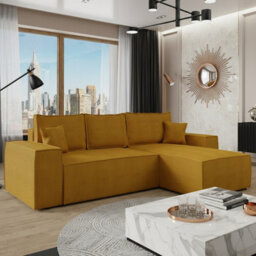 Malaga L Shaped Mdf Corner Sofa Bed With Storage And Pull Out Seat Loose Back Cushions Mustard Corduroy Right