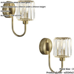 Loops 2 Pack Indoor Antique Brass Plate Wall Light - Clear Glass Shade - Dimmable 6W Led E14 - thumbnail 2