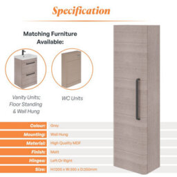 Plum&clay Emery Wall Hung Textured Grey Tall Bathroom Cabinet With Black Bar Handle (H)120Cm (W)35Cm - thumbnail 5