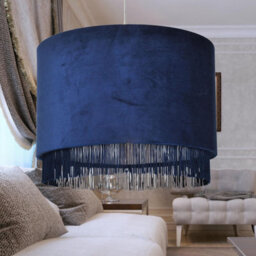 First Choice Lighting Set Of 2 Navy Velvet With Chrome Inner Tassled Light Shades - thumbnail 7