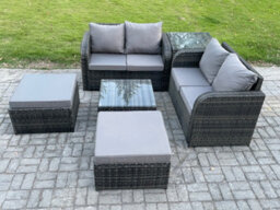 Fimous 6 Seater High Back Rattan Garden Furniture Set With Square Coffee Table 2 Big Footstool Love Sofa Patio Lounge Sofa Set - thumbnail 2