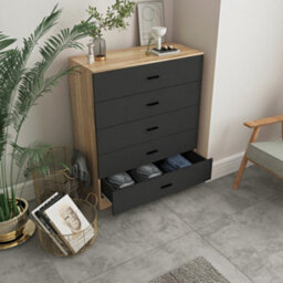 Urbn-Living Urbnliving Height 90.5Cm 5 Drawer Wooden Bedroom Chest Cabinet Modern Oak Carcass And Black Drawers Wide Storage Cupboard Closet - thumbnail 3