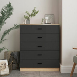 Urbn-Living Urbnliving Height 90.5Cm 5 Drawer Wooden Bedroom Chest Cabinet Modern Oak Carcass And Black Drawers Wide Storage Cupboard Closet - thumbnail 2